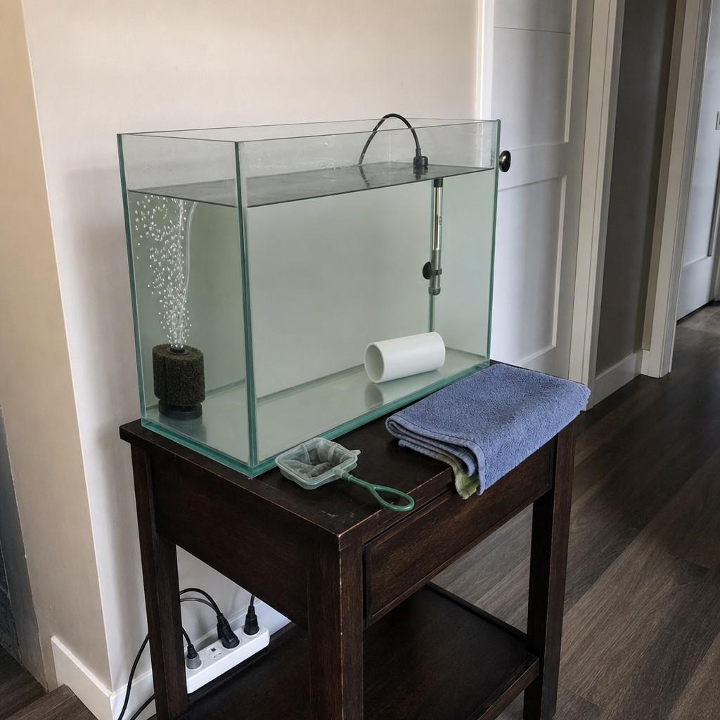 A small bare-bottom quarantine tank with a sponge filter and heater on a side table