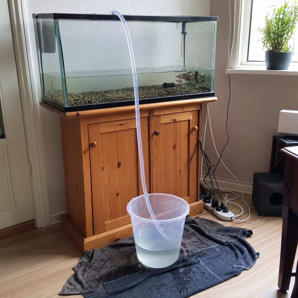 A small aquarium during a water change with a siphon hose running into a bucket on the floor