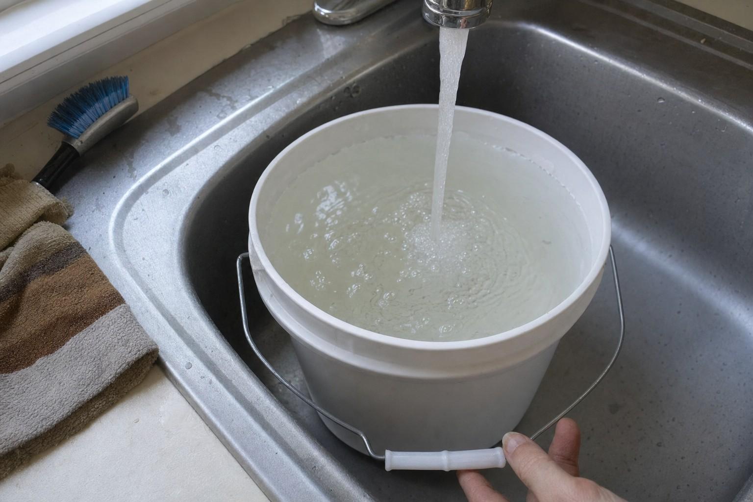 A plastic bucket filling with water under a running kitchen faucet, seen from above